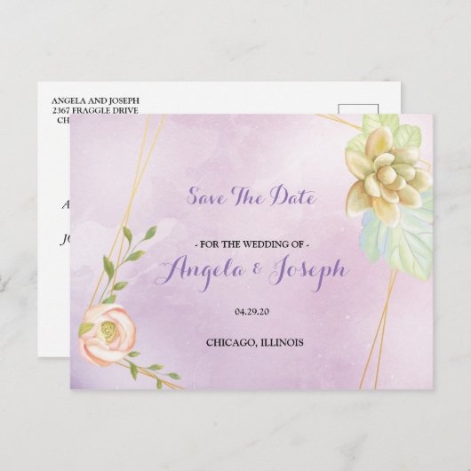waterverf paarse chique bloemig Save the Date Briefkaart (Voorkant / Achterkant)