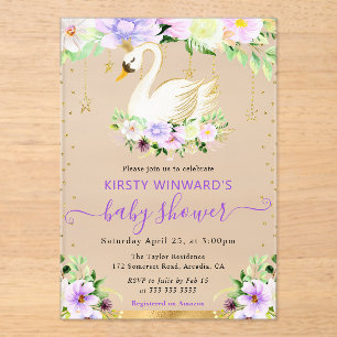 Waterverf Paarse & Crème Bloemen Zwaan Baby Shower Acryl Uitnodigingen