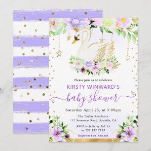 Waterverf Paarse & Crème Bloemen Zwaan Baby Shower Kaart