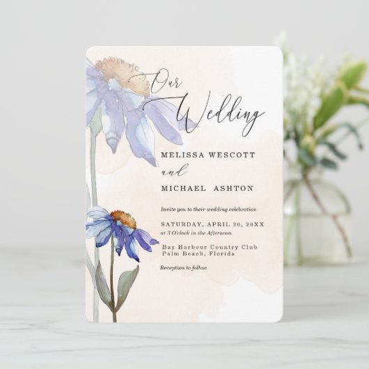 Waterverf Paarse Daisy Peach Rustic Wedding Kaart (Staand voorkant)