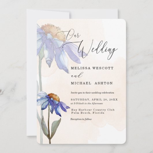 Waterverf Paarse Daisy Peach Rustic Wedding Kaart (Voorkant)