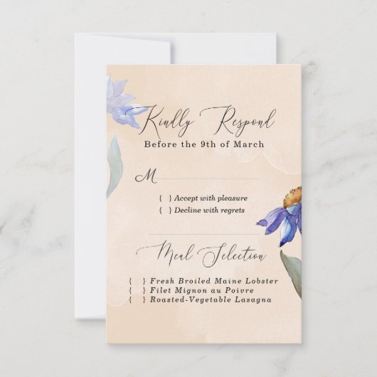 Waterverf Paarse Daisy Peach Rustic Wedding RSVP Kaartje (Voorkant)
