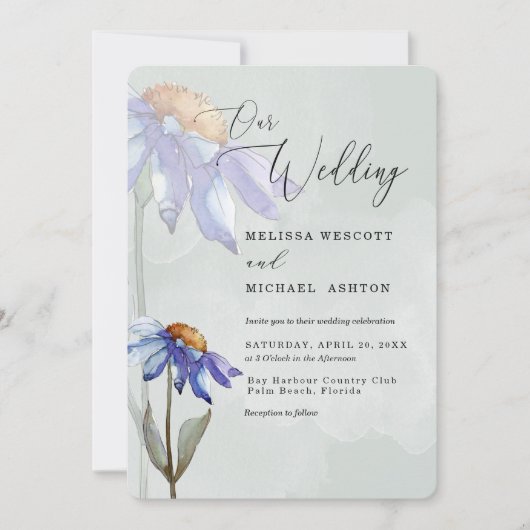 Waterverf Paarse Daisy Sage Green Rustic Wedding Kaart (Voorkant)