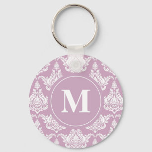 Waterverf Paarse Damask Monogram Sleutelhanger