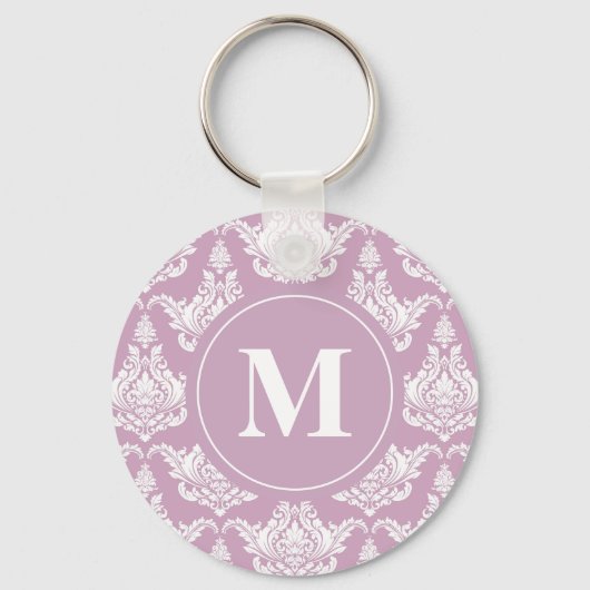 Waterverf Paarse Damask Monogram Sleutelhanger (Voorkant)