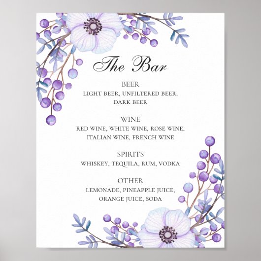 Waterverf paarse drinken met florale bruiloft menu poster (Voorkant)