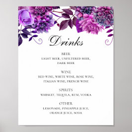 Waterverf paarse drinken met florale bruiloft menu poster