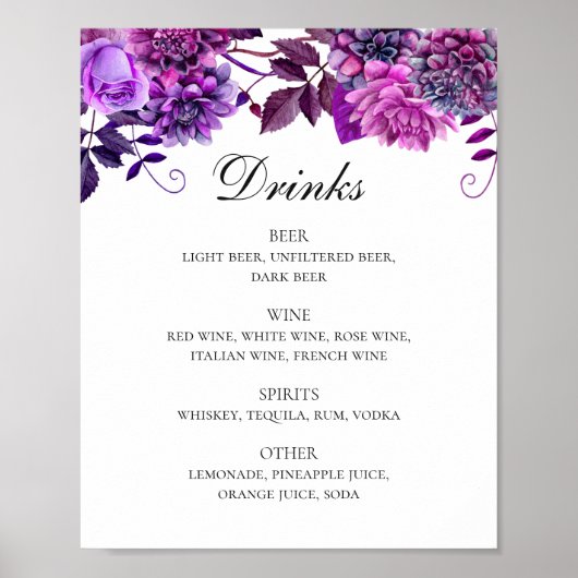 Waterverf paarse drinken met florale bruiloft menu poster (Voorkant)
