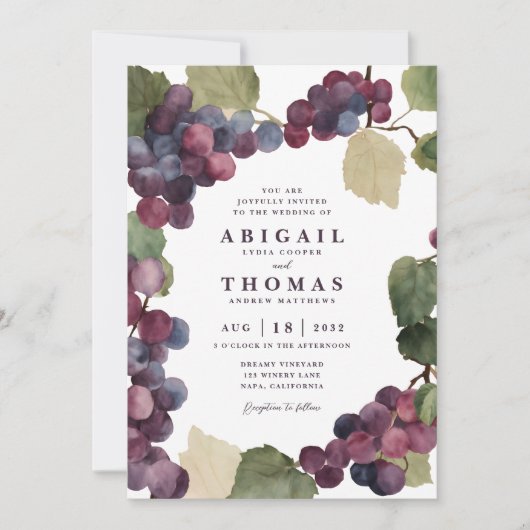 Waterverf Paarse Druiven Wijngaard Huwelijk Kaart (Voorkant)