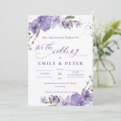  Waterverf Paarse Elegante Bloemenbruiloft Kaart (Staand voorkant)