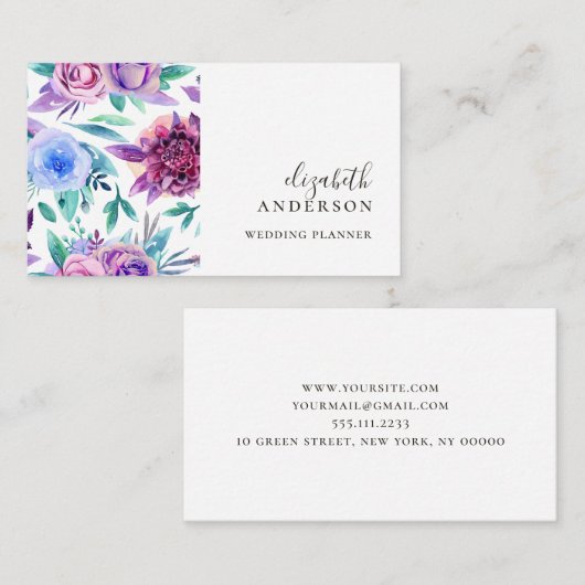 Waterverf paarse en blauwe bloemige professional visitekaartje (Voorkant / Achterkant)