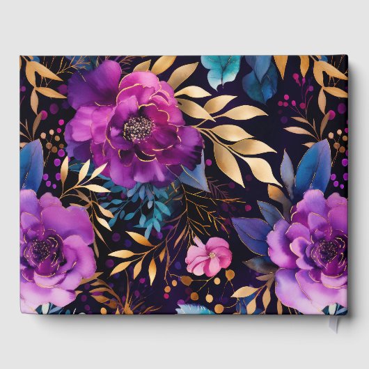 Waterverf Paarse en Blauwgroen Bloemen Bruiloft Gastenboek (Achterkant)