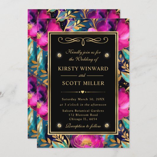 Waterverf Paarse en Blauwgroen Bloemen Bruiloft Kaart (Voorkant / Achterkant)