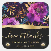 Waterverf Paarse en Blauwgroen Bloemen Bruiloft Vierkante Sticker (Voorkant)