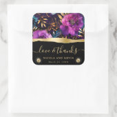 Waterverf Paarse en Blauwgroen Bloemen Bruiloft Vierkante Sticker (Tas)