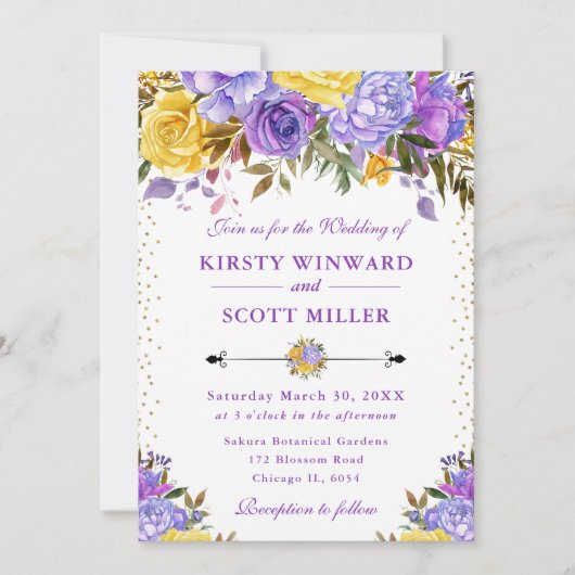 Waterverf Paarse en gele bloemen bruiloft Kaart (Voorkant)