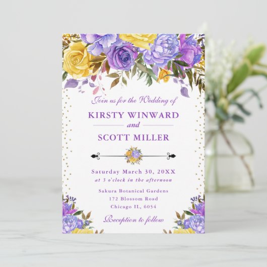 Waterverf Paarse en gele bloemen bruiloft Kaart (Staand voorkant)