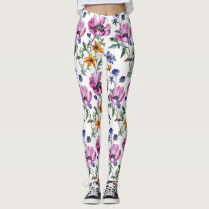 Waterverf Paarse en Gele Bloemen Leggings