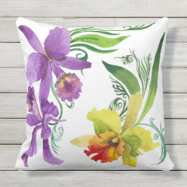 Waterverf Paarse en gele orchidee bloemen Buitenkussen