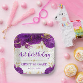 Waterverf Paarse en gouden bloemen Papieren Bordje (Feest)