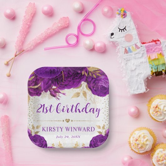 Waterverf Paarse en gouden bloemen Papieren Bordje (Feest)