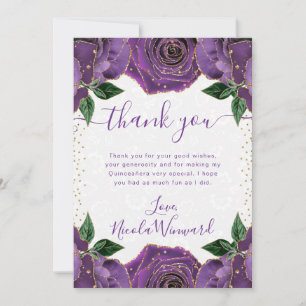 Waterverf Paarse en Gouden Bloemen Quinceanera Bedankkaart