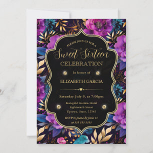 Waterverf Paarse en Gouden Bloemen Sweet 16 Kaart