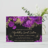 Waterverf Paarse en gouden bloemen Sweet Sixteen Kaart (Staand voorkant)