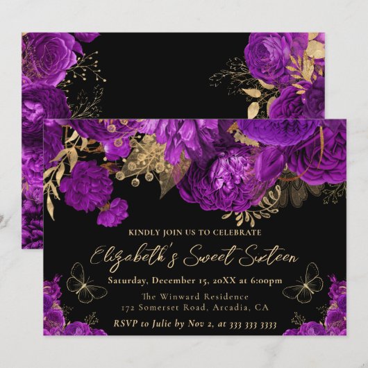 Waterverf Paarse en gouden bloemen Sweet Sixteen Kaart (Voorkant / Achterkant)