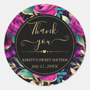 Waterverf Paarse en Gouden Bloemen Sweet Sixteen Ronde Sticker