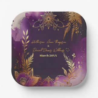  Waterverf Paarse en gouden bloemenbruiloft Papieren Bordje