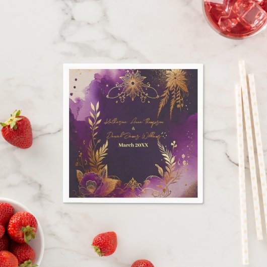  Waterverf Paarse en gouden bloemenbruiloft Servet (Insitu)