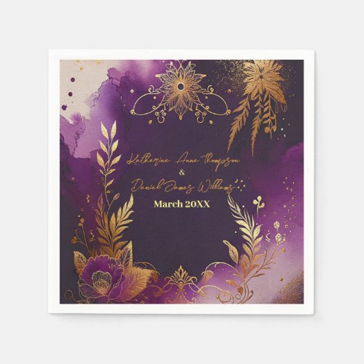  Waterverf Paarse en gouden bloemenbruiloft Servet (Voorkant)