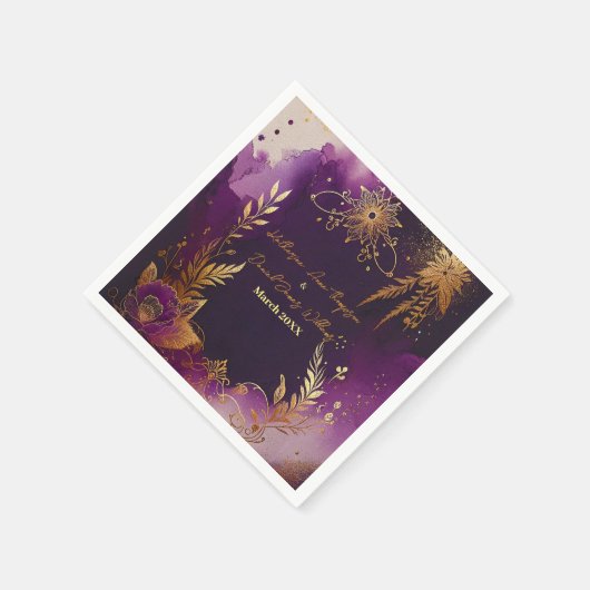  Waterverf Paarse en gouden bloemenbruiloft Servet (Hoek)