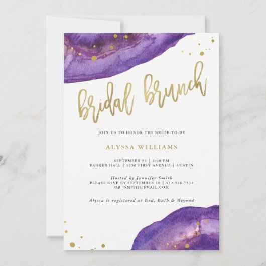 Waterverf Paarse en gouden Geode Bridal Brunch Kaart (Voorkant)