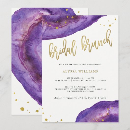 Waterverf Paarse en gouden Geode Bridal Brunch Kaart (Voorkant / Achterkant)