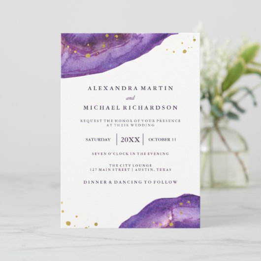 Waterverf Paarse en gouden geode bruiloft II Kaart (Staand voorkant)