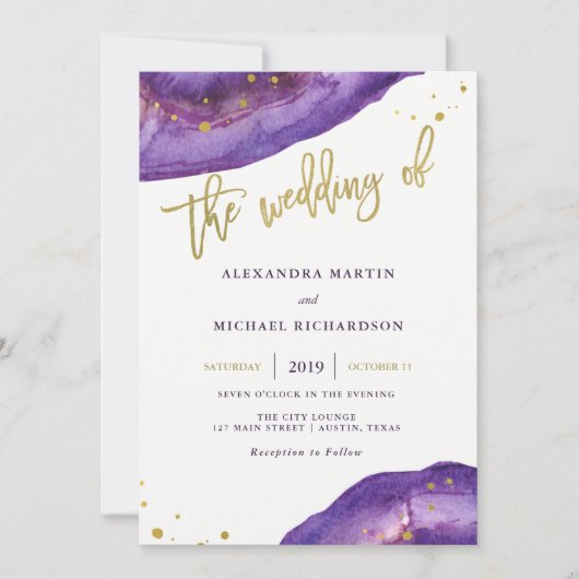 Waterverf Paarse en gouden geode bruiloft Kaart (Voorkant)