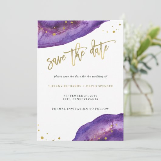 Waterverf Paarse en Gouden Geode Sla de Datum op Save The Date (Staand voorkant)