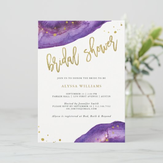 Waterverf Paarse en Gouden Geode Vrijgezellenfeest Kaart (Staand voorkant)