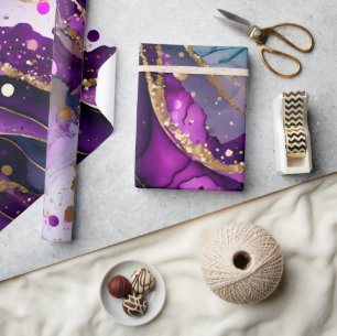Waterverf Paarse en Gouden Glitter Alcoholinkt Cadeaupapier