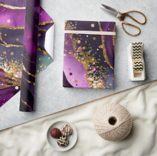 Waterverf Paarse en Gouden Glitter Alcoholinkt Cadeaupapier