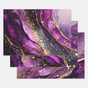 Waterverf Paarse en Gouden Glitter Alcoholinkt Inpakpapier Vel