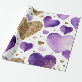 Waterverf Paarse en Gouden Inkt Valentijnsharten Cadeaupapier