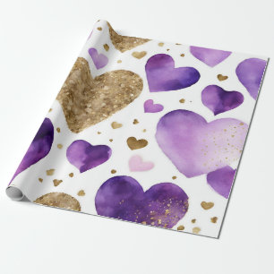 Waterverf Paarse en Gouden Inkt Valentijnsharten Cadeaupapier