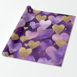 Waterverf Paarse en Gouden Inkt Valentijnsharten Cadeaupapier