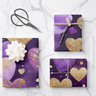 Waterverf Paarse en Gouden Inkt Valentijnsharten Inpakpapier Vel