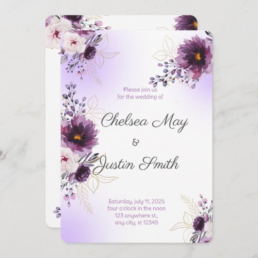 Waterverf paarse en gouden Peony bruiloft Kaart (Voorkant / Achterkant)