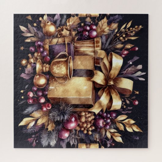 Waterverf Paarse en gouden vakantie motieven Colla Legpuzzel (Horizontaal)