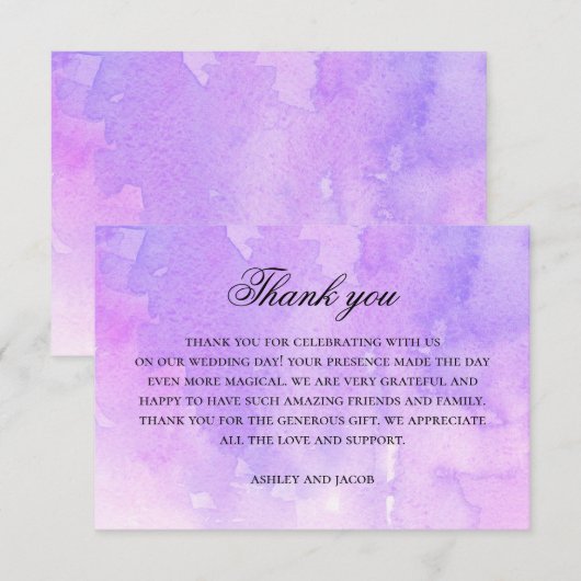 Waterverf paarse en lila kalligrafie bruiloft bedankkaart (Voorkant / Achterkant)